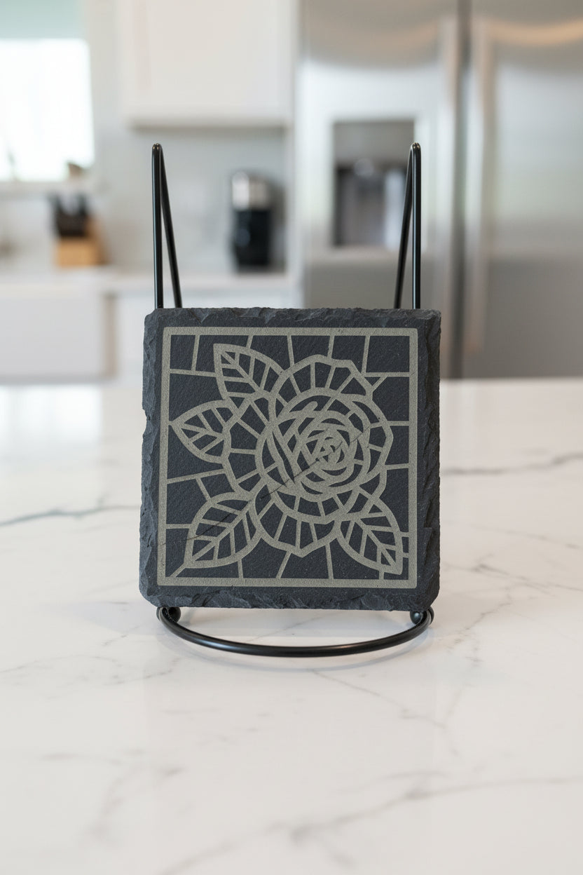Geometric Rose - 4" Square Engraved Natural Slate Coaster
