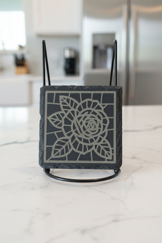 Geometric Rose - 4" Square Engraved Natural Slate Coaster