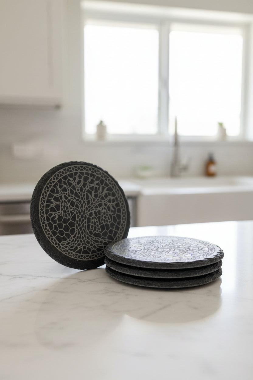 Ghost Tree - 4" Round Engraved Natural Slate Coaster