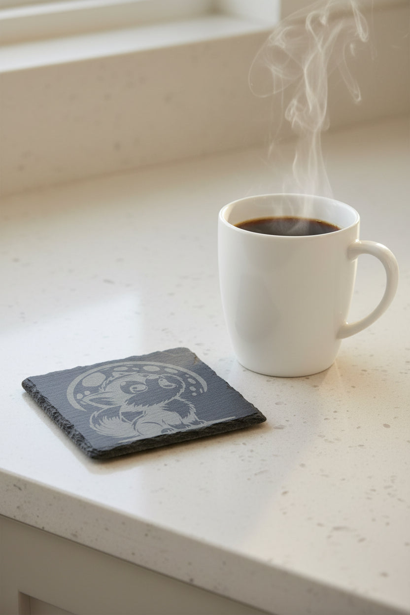 Howling Wolf Pup - 4" Square Engraved Natural Slate Coaster