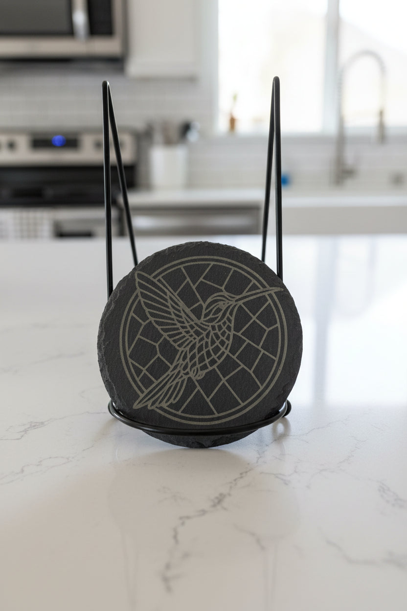 Humming Bird - 4" Round Engraved Natural Slate Coaster