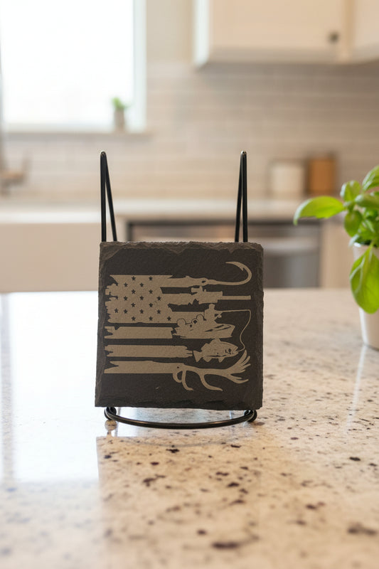 Hunting Fishing American Flag - 4" Square Engraved Natural Slate Coaster