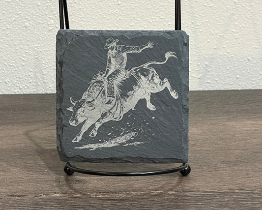 Western Bull Riding Slate Coaster