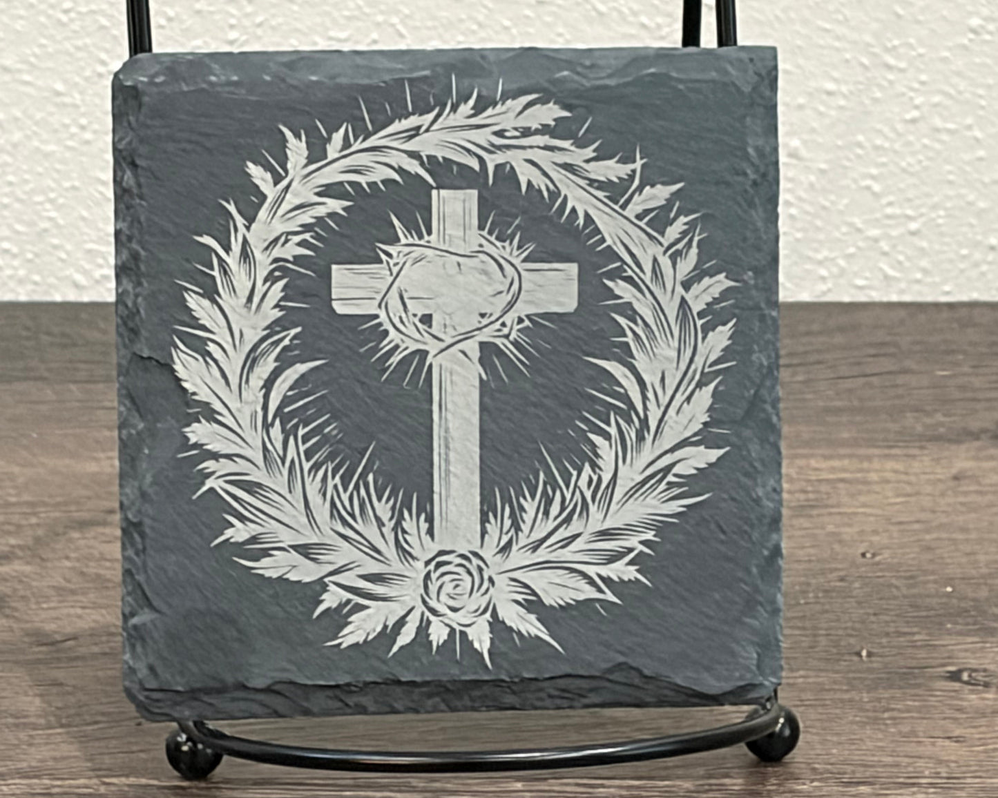 Cross with Crown of Thorns Slate Coaster