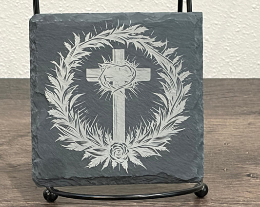 Cross with Crown of Thorns Slate Coaster