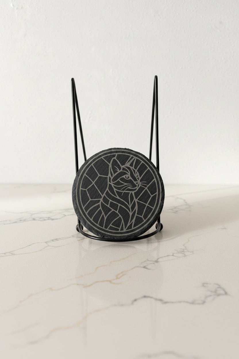 Kitty Cat - 4" Round Engraved Natural Slate Coaster