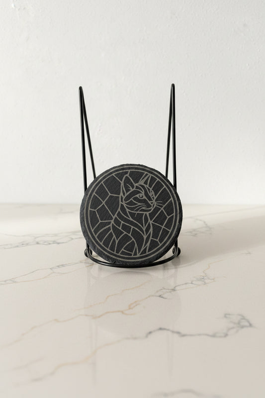 Kitty Cat - 4" Round Engraved Natural Slate Coaster