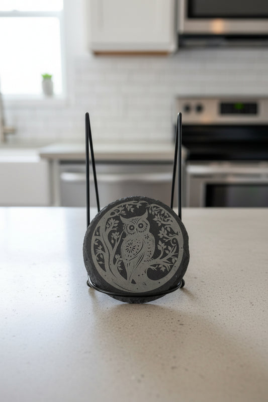 Leafy Branch Owl - 4" Round Engraved Natural Slate Coaster