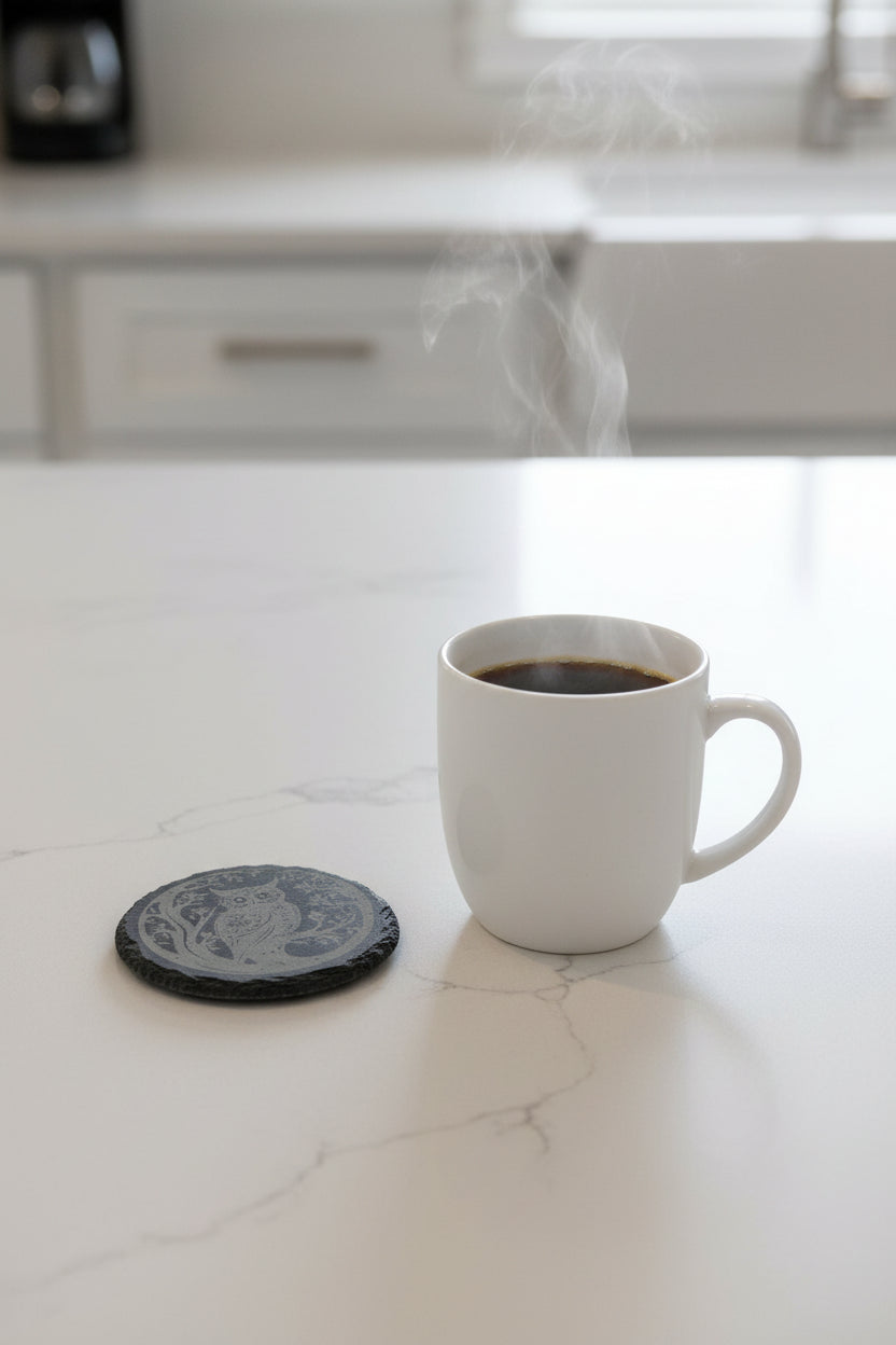 Leafy Branch Owl - 4" Round Engraved Natural Slate Coaster