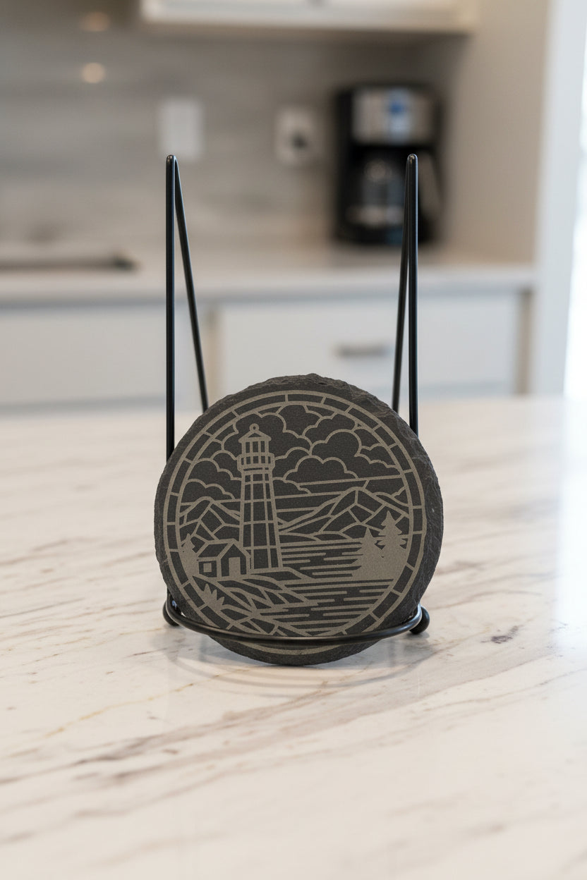 Light House - 4" Round Engraved Natural Slate Coaster