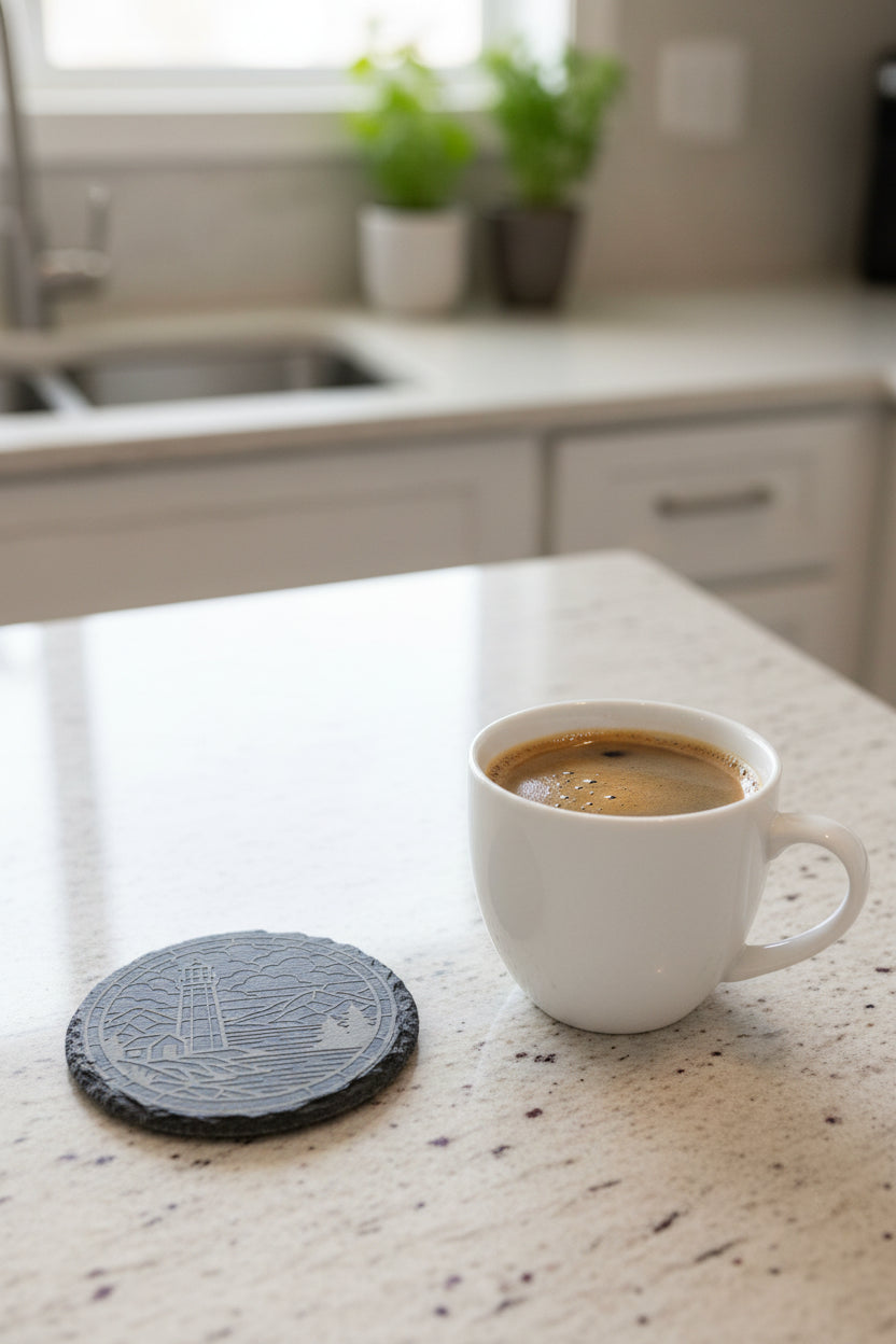 Light House - 4" Round Engraved Natural Slate Coaster
