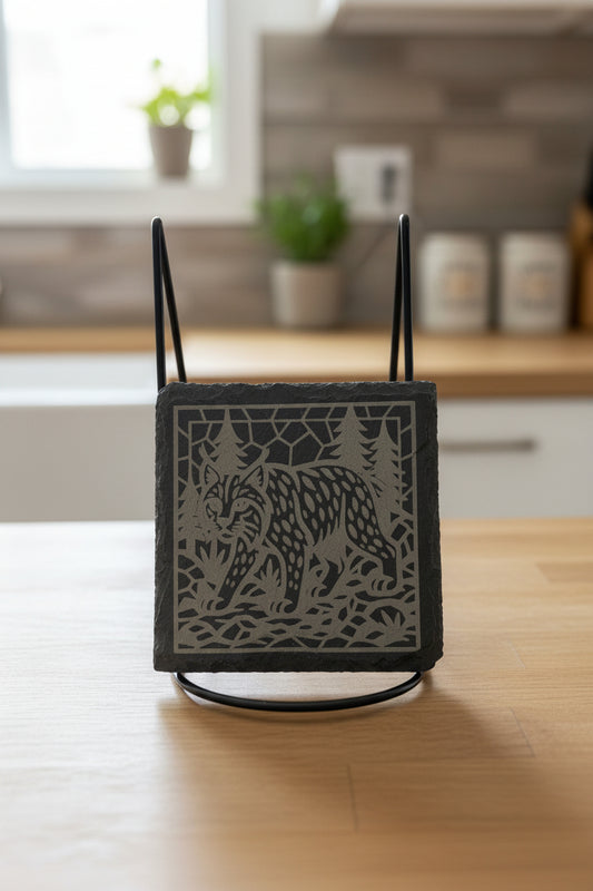 Lynx Woodland Mosaic - 4" Square Engraved Natural Slate Coaster