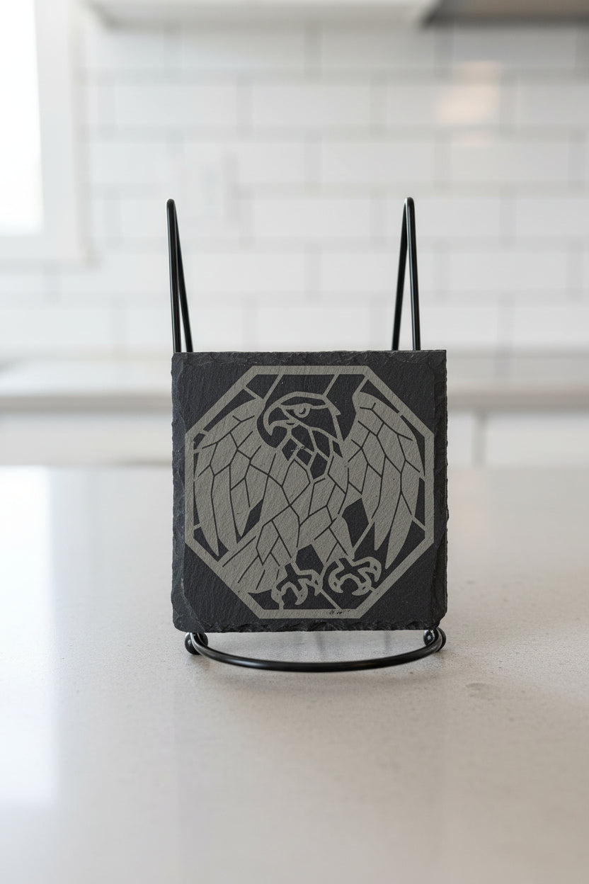 Mosaic Eagle Power - 4" Square Engraved Natural Slate Coaster