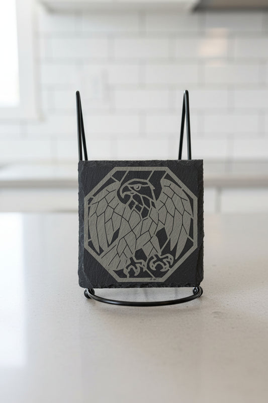 Mosaic Eagle Power - 4" Square Engraved Natural Slate Coaster