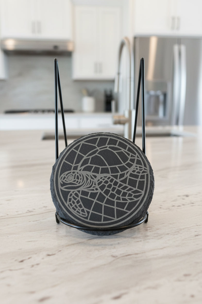 Mosaic Sea Turtle - 4" Round Engraved Natural Slate Coaster