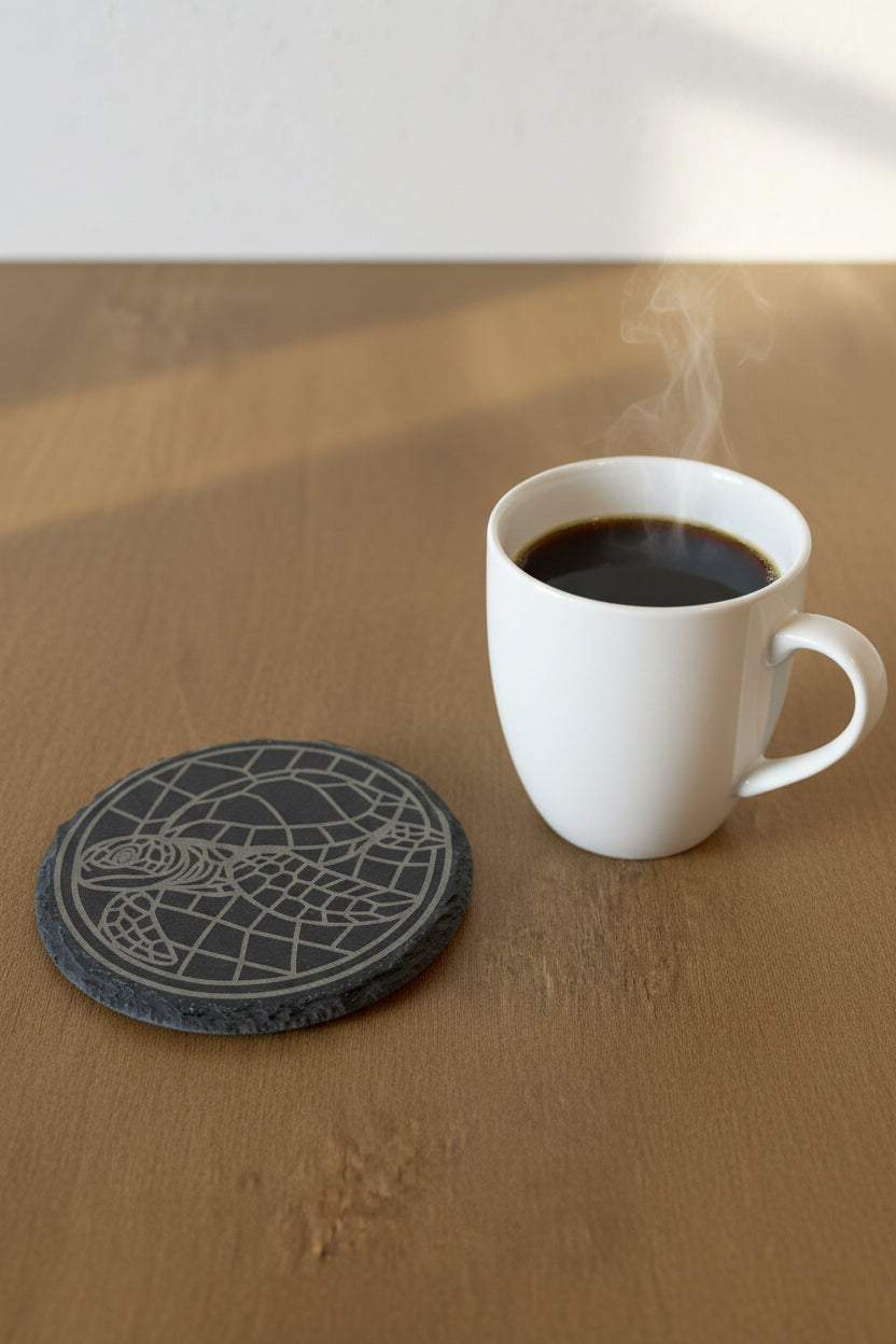 Mosaic Sea Turtle - 4" Round Engraved Natural Slate Coaster