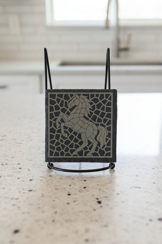 Mosaic Stallion - 4" Square Engraved Natural Slate Coaster