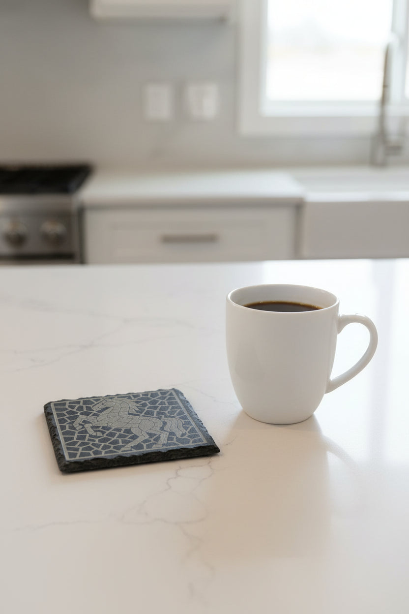 Mosaic Stallion - 4" Square Engraved Natural Slate Coaster
