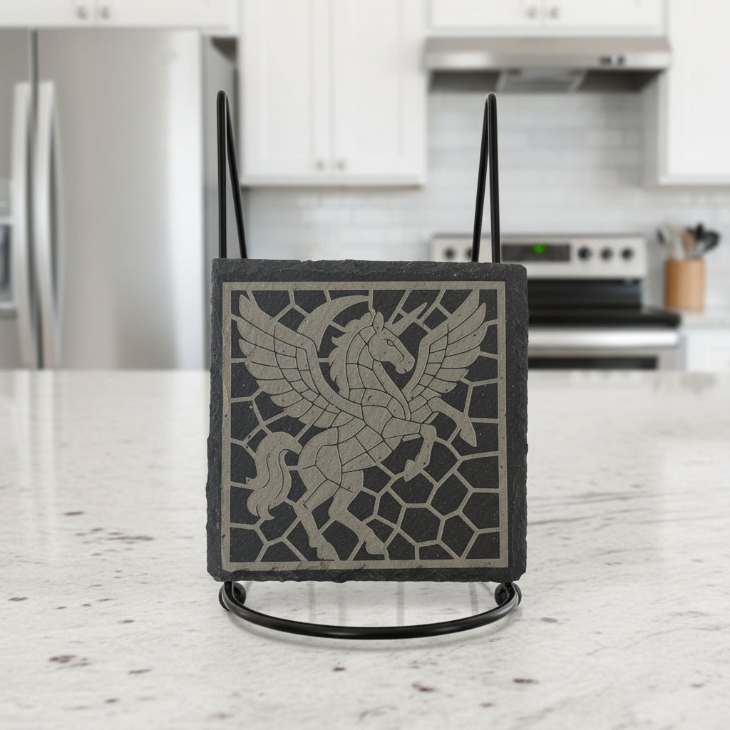 Mosaic Winged Unicorn - 4" Square Engraved Natural Slate Coaster