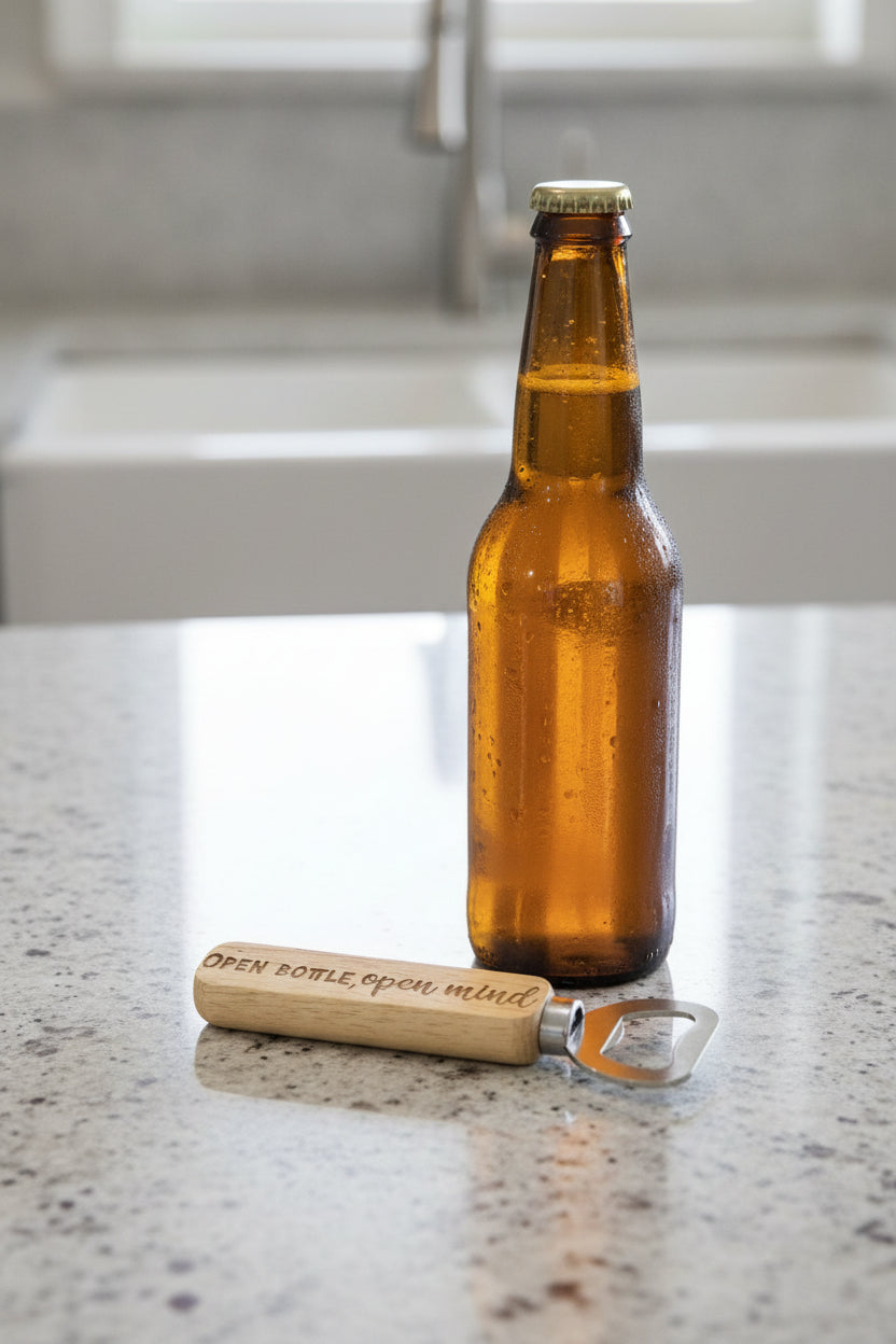 "Open Bottle, Open Mind" Engraved Wood Bottle Opener – Custom Barware Accent