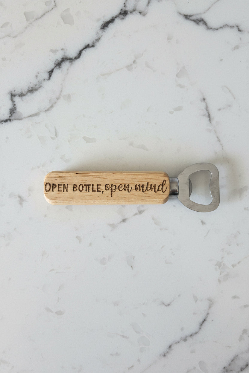 "Open Bottle, Open Mind" Engraved Wood Bottle Opener – Custom Barware Accent