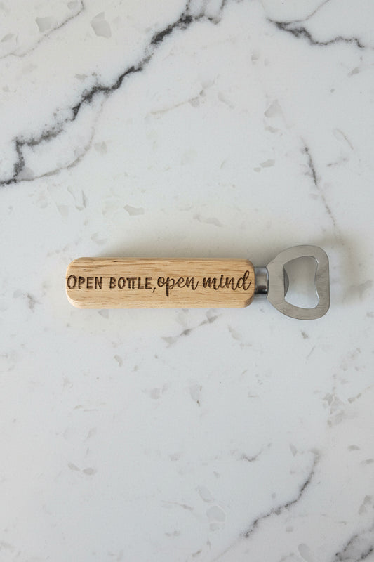 "Open Bottle, Open Mind" Engraved Wood Bottle Opener – Custom Barware Accent
