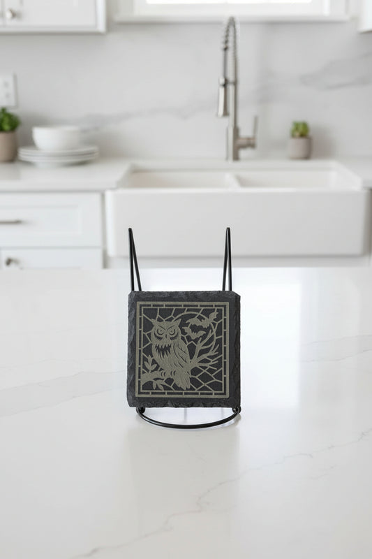 Owl Under The Moon - 4" Square Engraved Natural Slate Coaster