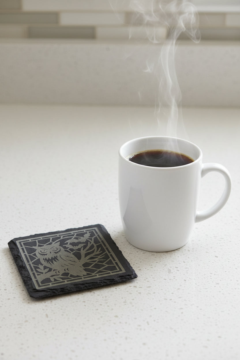 Owl Under The Moon - 4" Square Engraved Natural Slate Coaster