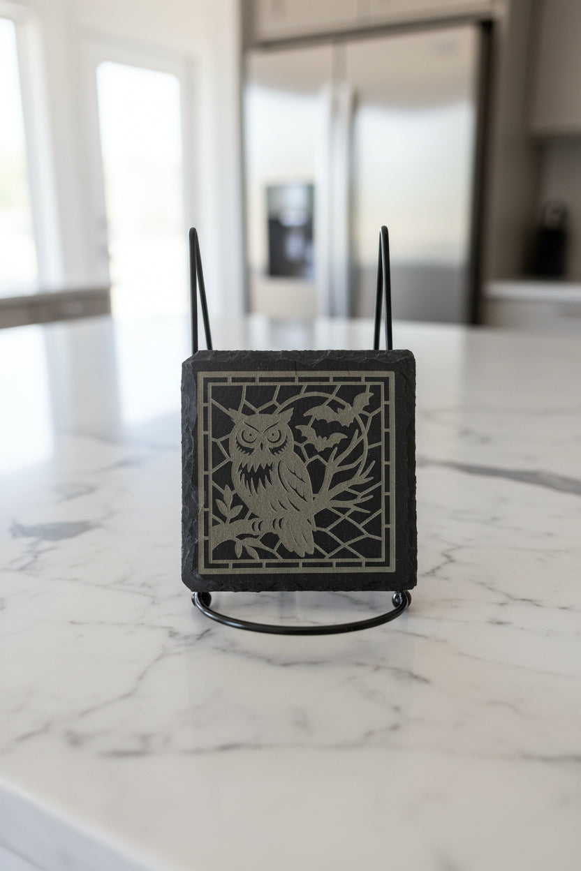 Owl Under The Moon - 4" Square Engraved Natural Slate Coaster
