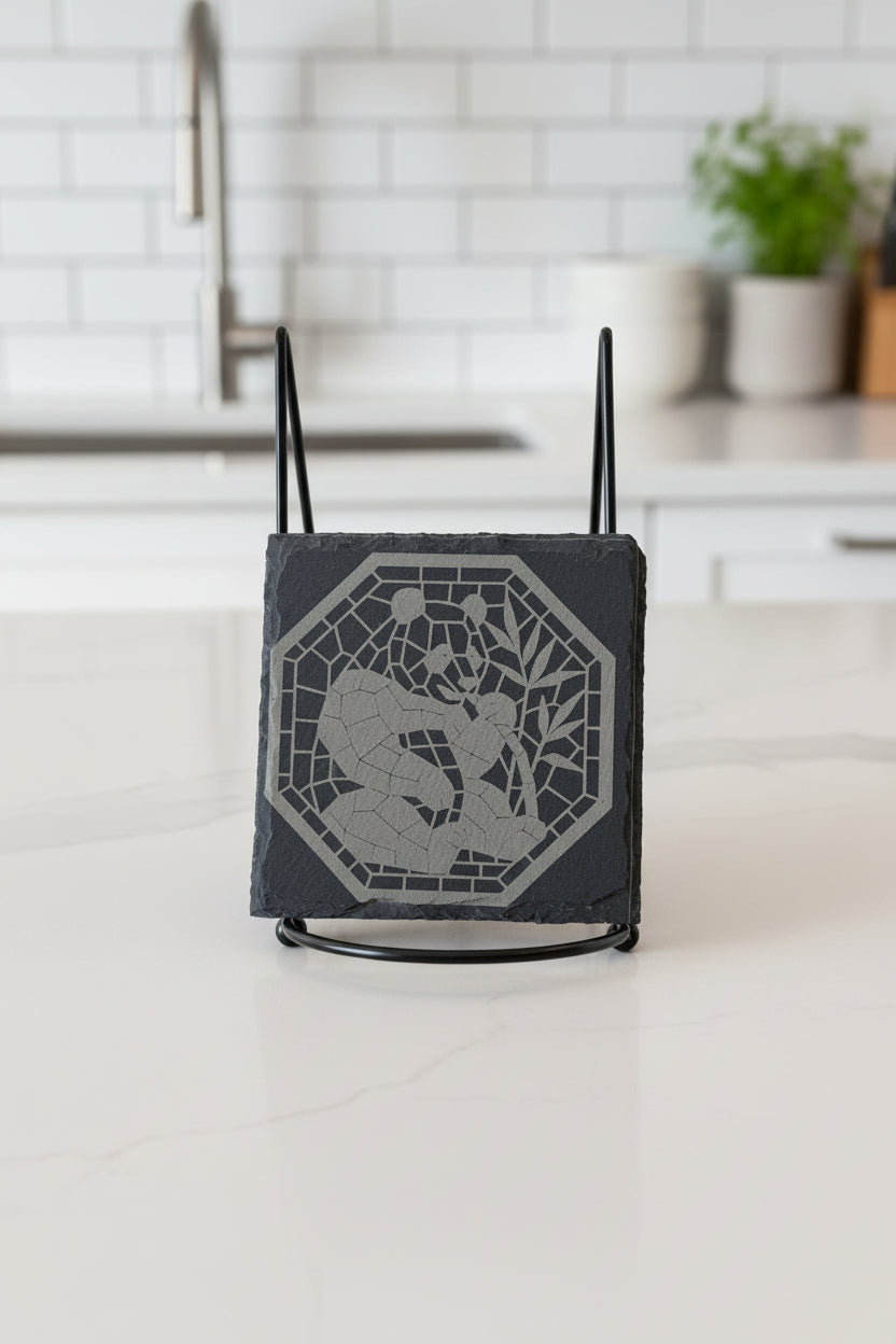 Panda Mosaic Delight - 4" Square Engraved Natural Slate Coaster
