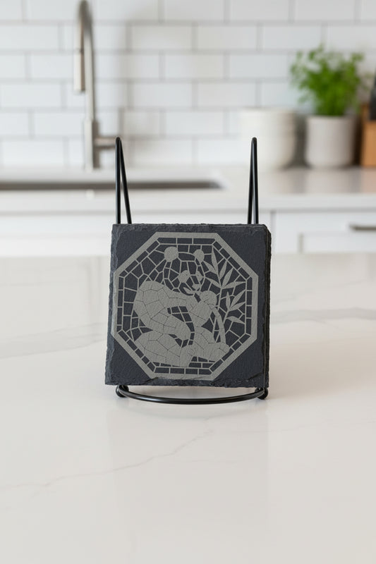 Panda Mosaic Delight - 4" Square Engraved Natural Slate Coaster