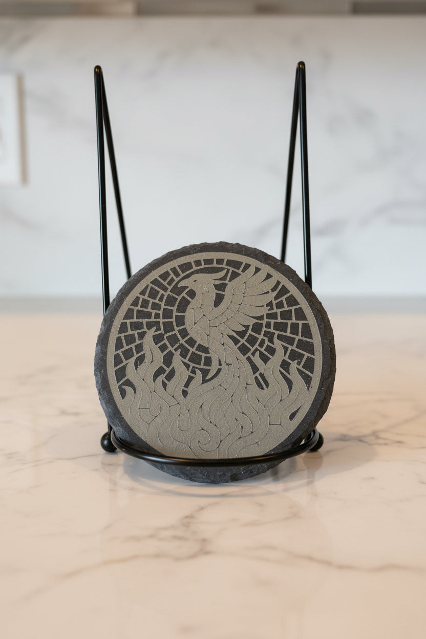 Phoenix Rising - 4" Round Engraved Natural Slate Coaster