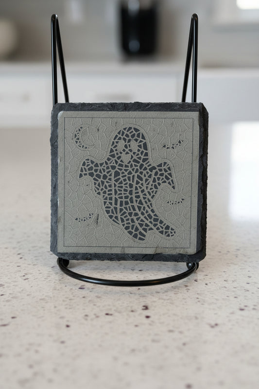 Playful Ghost Party - 4" Square Engraved Natural Slate Coaster