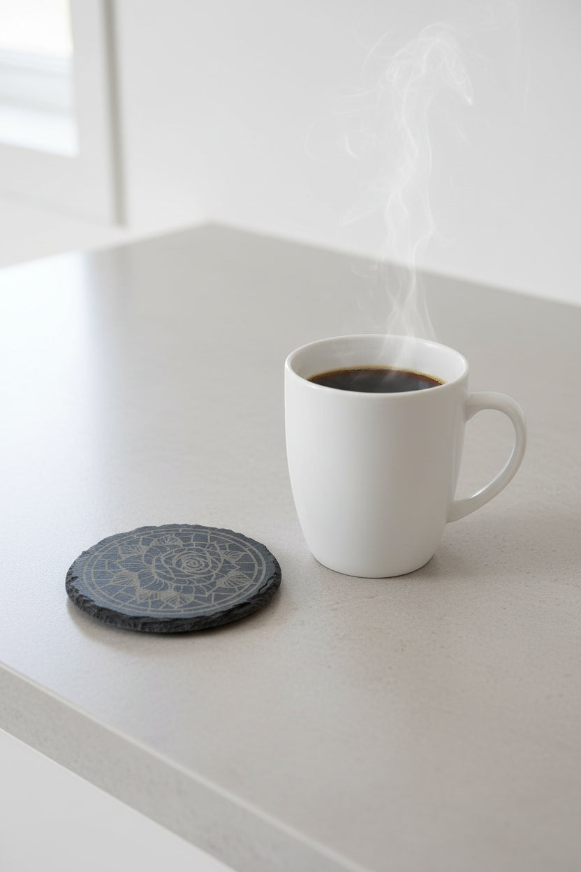 Radiant Rose Mosaic - 4" Round Engraved Natural Slate Coaster