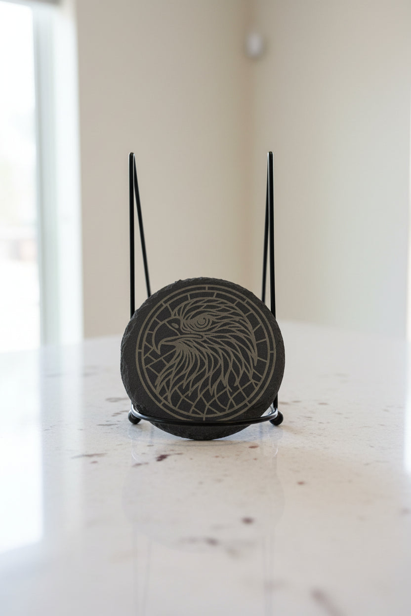 Regal Eagle Mosaic - 4" Round Engraved Natural Slate Coaster