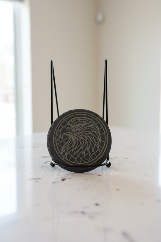 Regal Eagle Mosaic - 4" Round Engraved Natural Slate Coaster