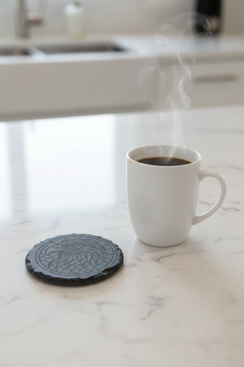 Regal Eagle Mosaic - 4" Round Engraved Natural Slate Coaster