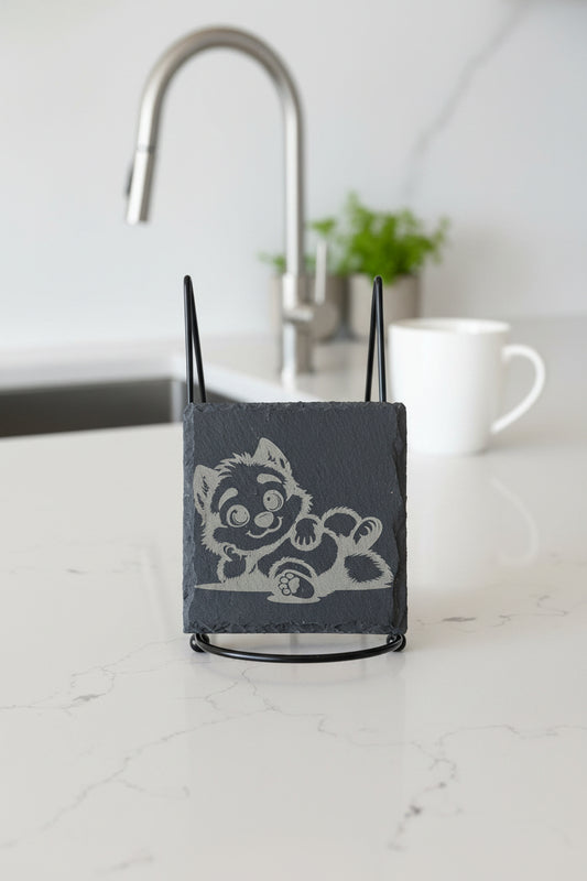 Relaxing Wolf Pup - 4" Square Engraved Natural Slate Coaster