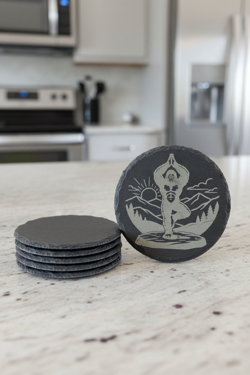 Sasquatch Sunrise Yoga - 4" Round Engraved Natural Slate Coaster