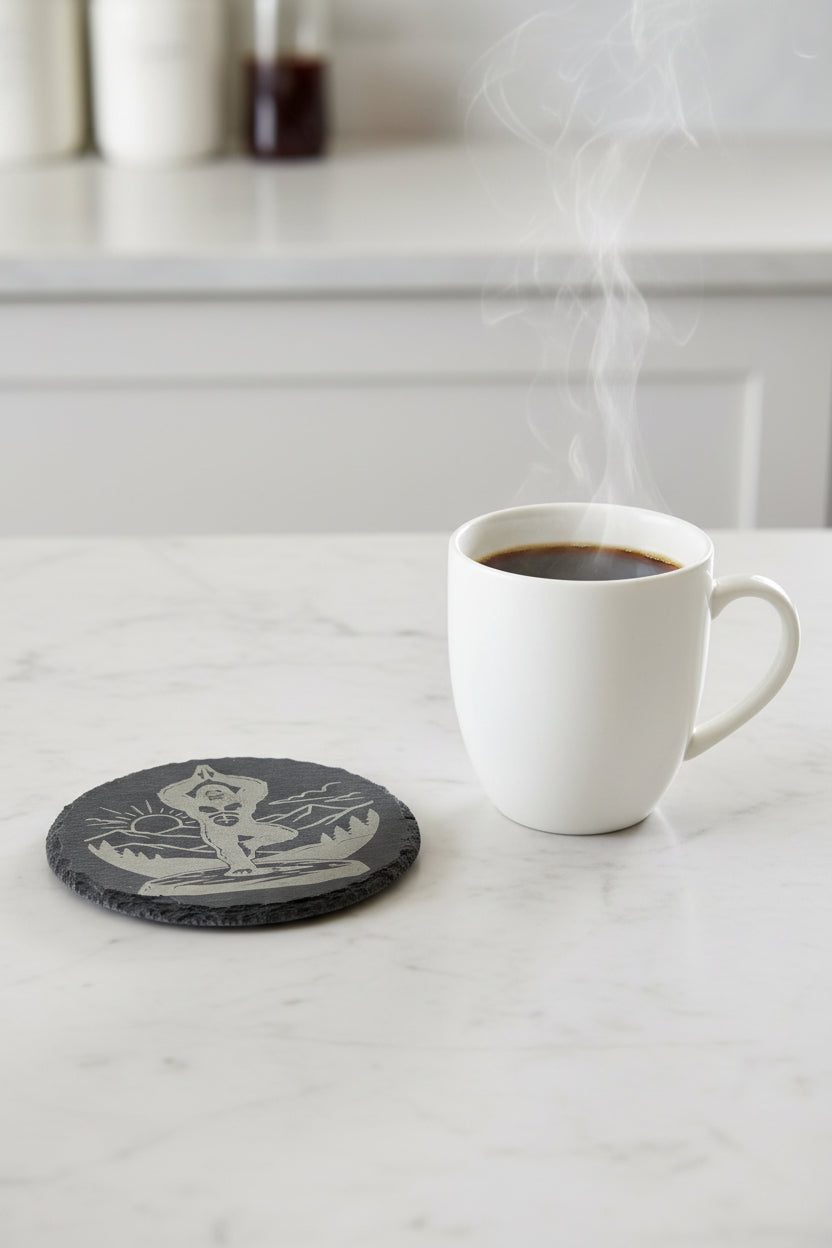 Sasquatch Sunrise Yoga - 4" Round Engraved Natural Slate Coaster