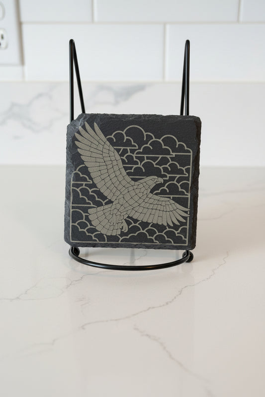 Soaring Hawk Among The Clouds - 4" Square Engraved Natural Slate Coaster