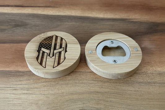 Spartan Helmet With Stars And Stripes - Engraved Wooden Magnetic Bottle Opener