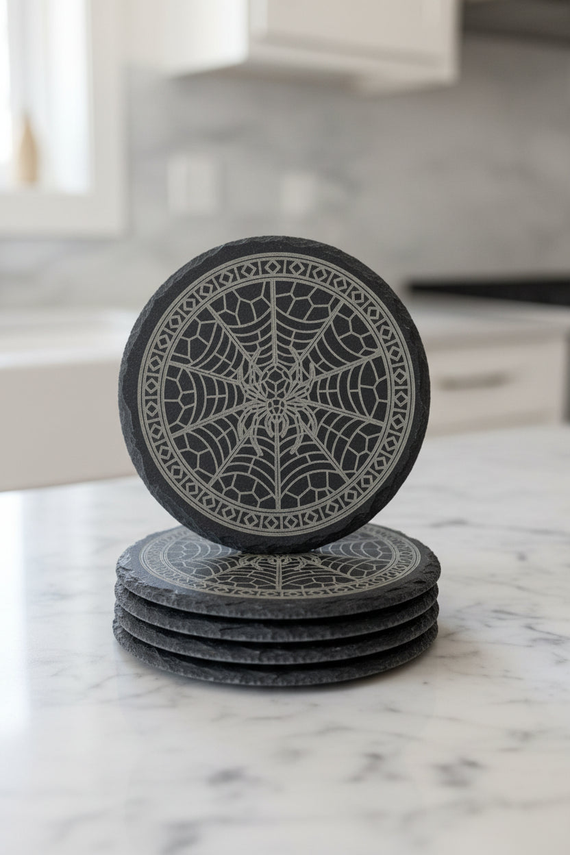 Spider & Web - 4" Round Engraved Natural Slate Coaster