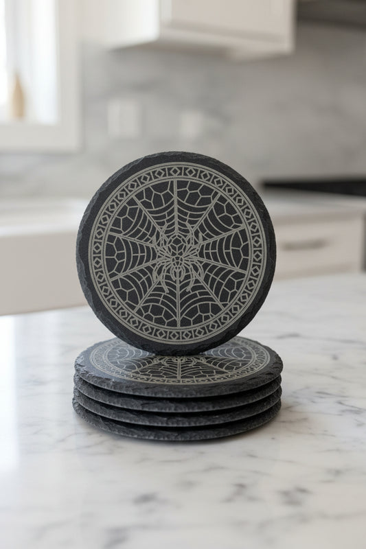 Spider & Web - 4" Round Engraved Natural Slate Coaster
