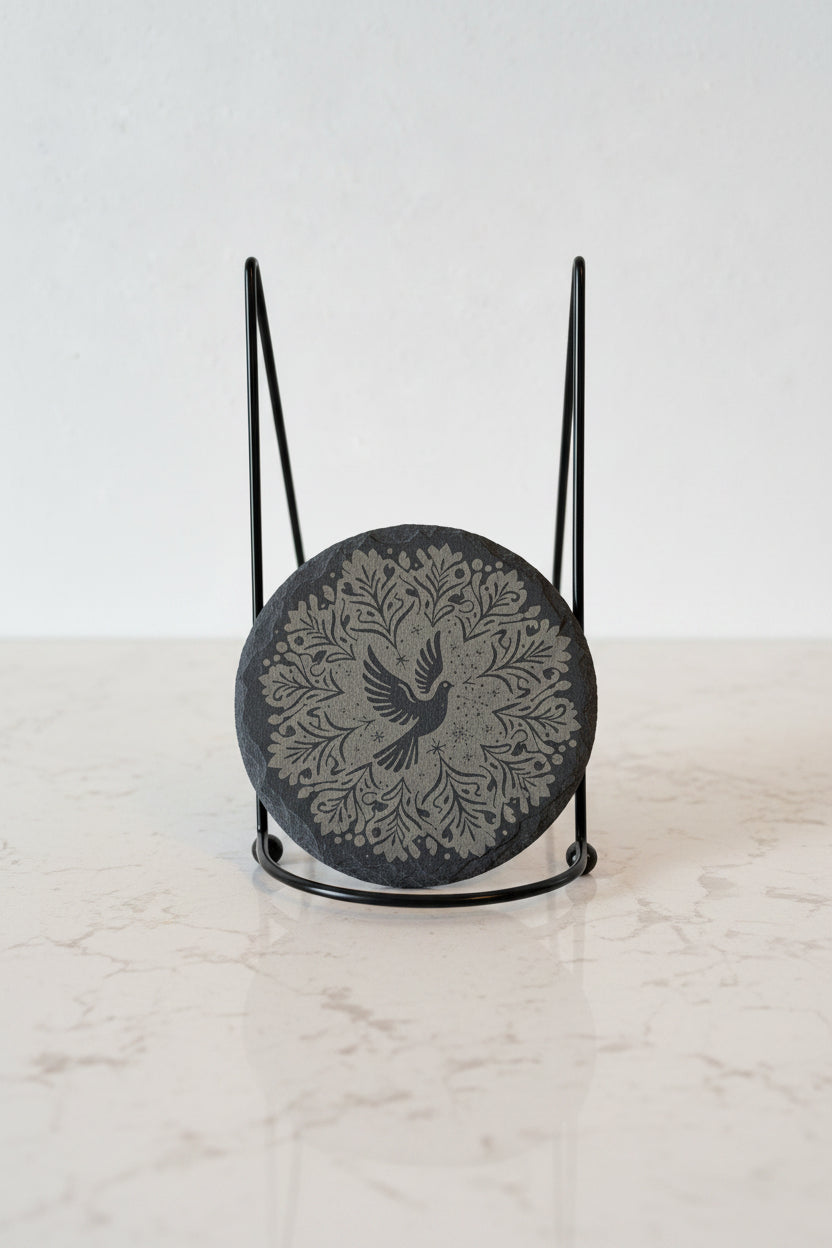 Starry Dove Snowflake - 4" Round Engraved Natural Slate Coaster