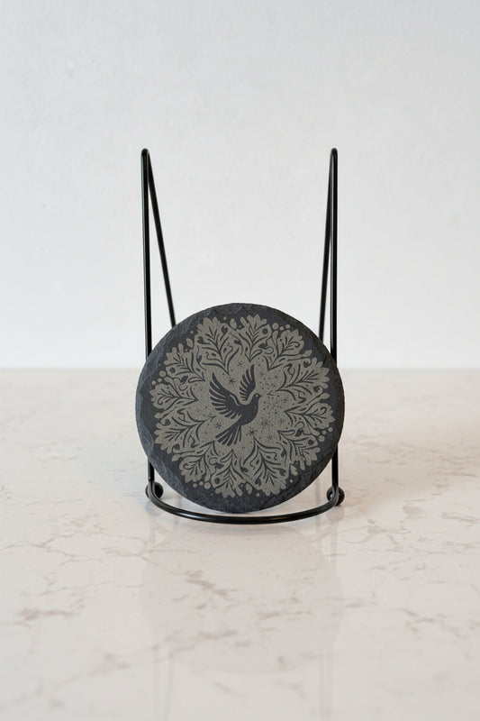 Starry Dove Snowflake - 4" Round Engraved Natural Slate Coaster