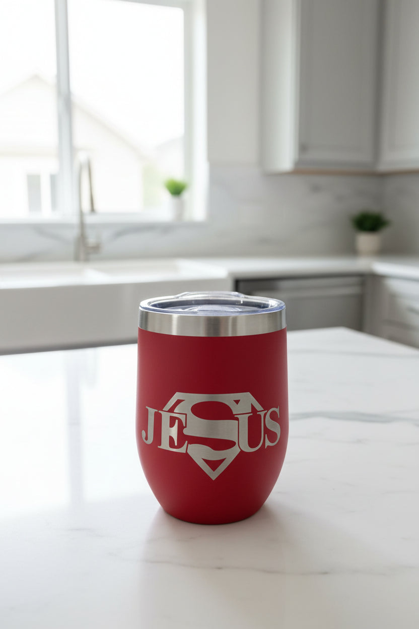 Superman Jesus - 12 oz Engraved Wine Tumbler
