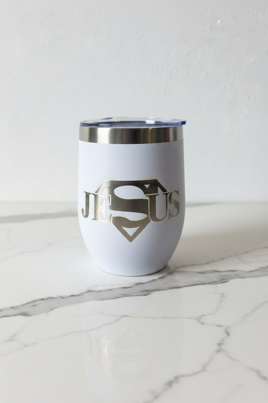 Superman Jesus - 12 oz Engraved Wine Tumbler