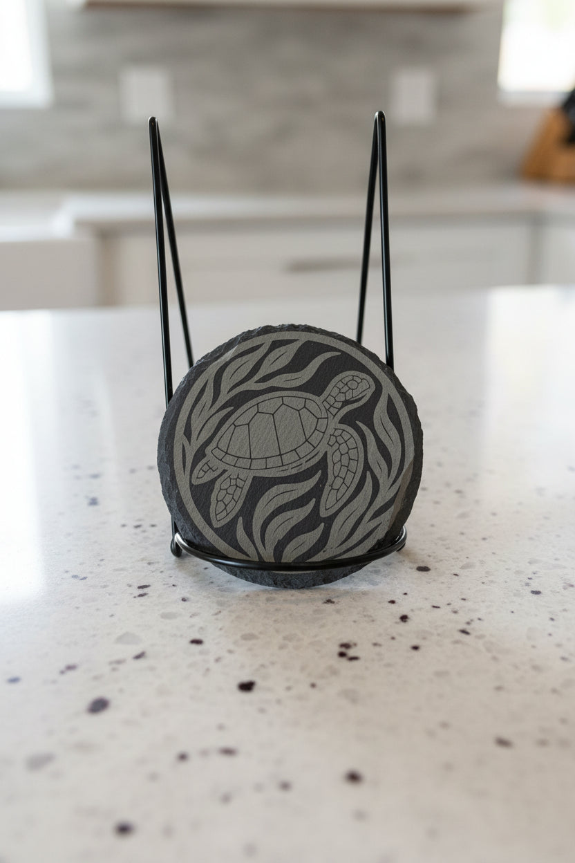 Swimming Turtle Harmony - 4" Round Engraved Natural Slate Coaster