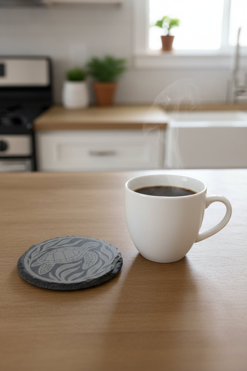 Swimming Turtle Harmony - 4" Round Engraved Natural Slate Coaster